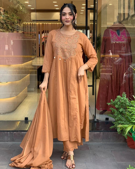 Rust Orange Cotton Anarkali Kurta Pant Set with Dupatta