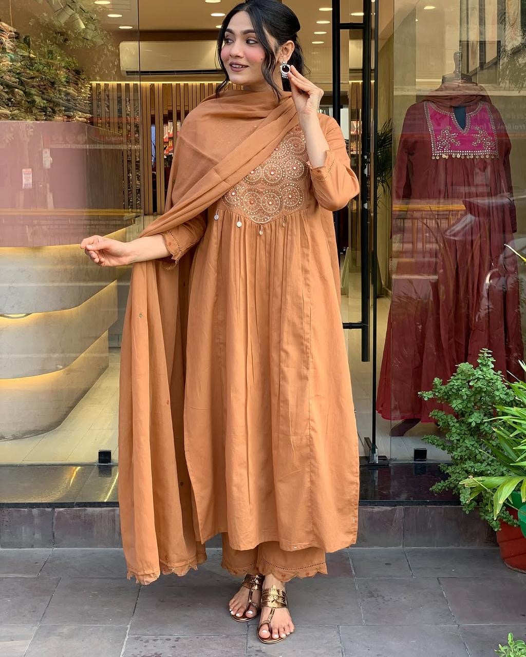 Rust Orange Cotton Anarkali Kurta Pant Set with Dupatta