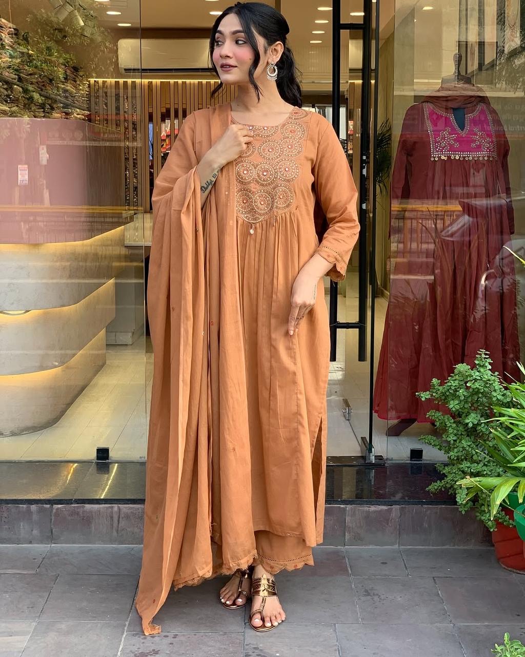 Rust Orange Cotton Anarkali Kurta Pant Set with Dupatta