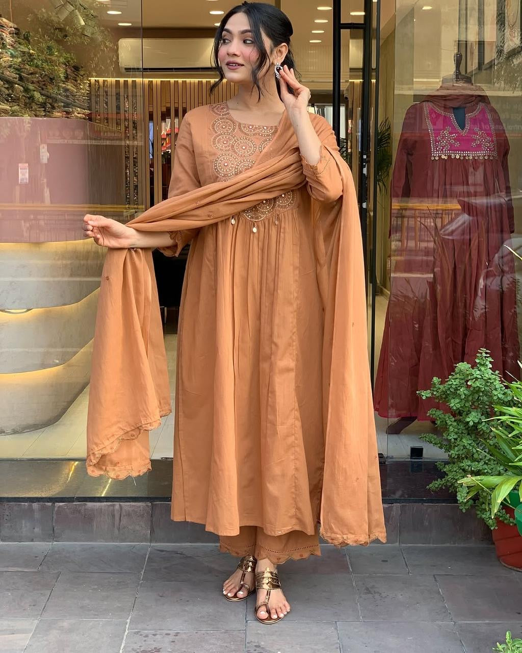 Rust Orange Cotton Anarkali Kurta Pant Set with Dupatta