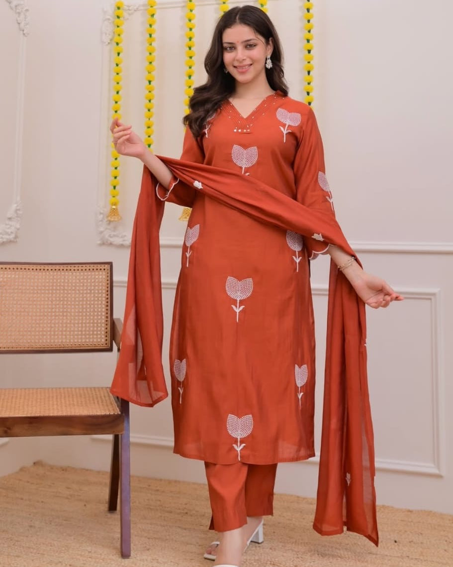 Rust Orange Embroidered Cotton Kurta Pant Set with Dupatta 