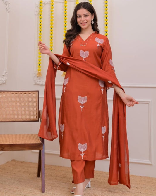 Rust Orange Embroidered Cotton Kurta Pant Set with Dupatta 