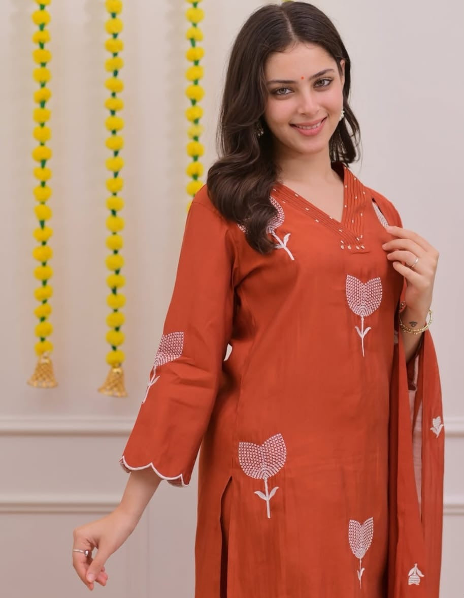 Rust Orange Embroidered Cotton Kurta Pant Set with Dupatta 