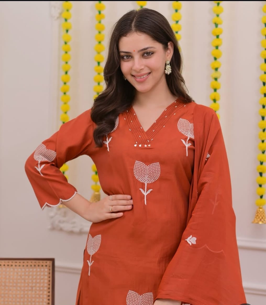 Rust Orange Embroidered Cotton Kurta Pant Set with Dupatta 