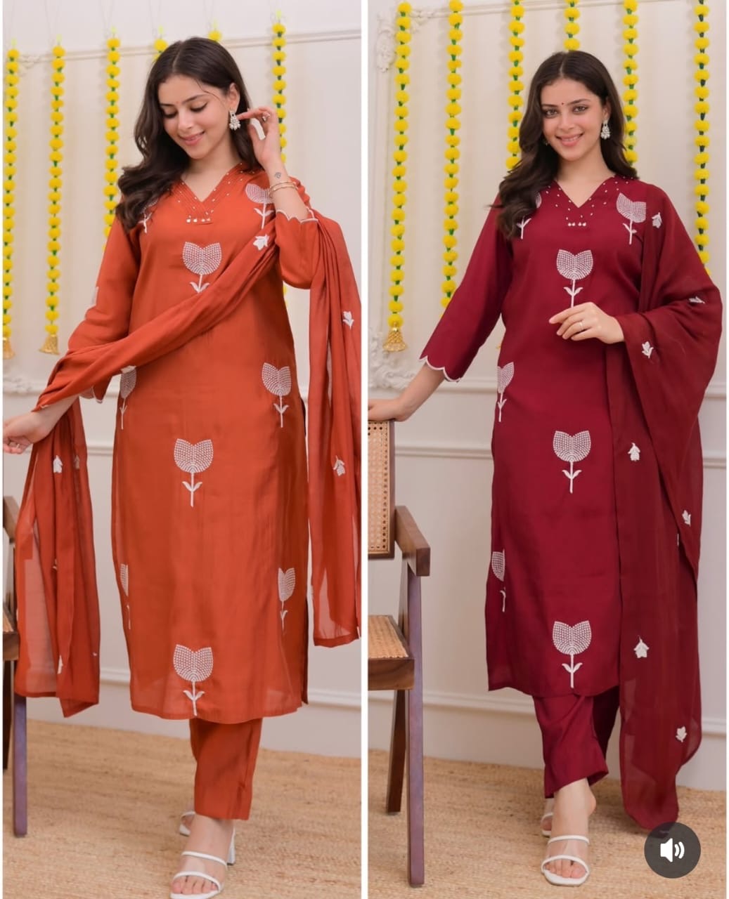 Rust Orange Embroidered Cotton Kurta Pant Set with Dupatta 