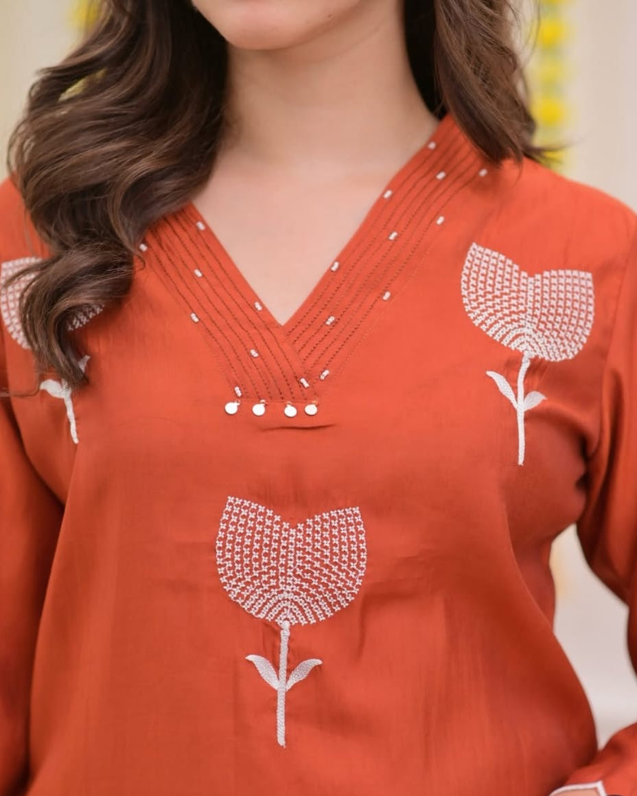 Rust Orange Embroidered Cotton Kurta Pant Set with Dupatta 