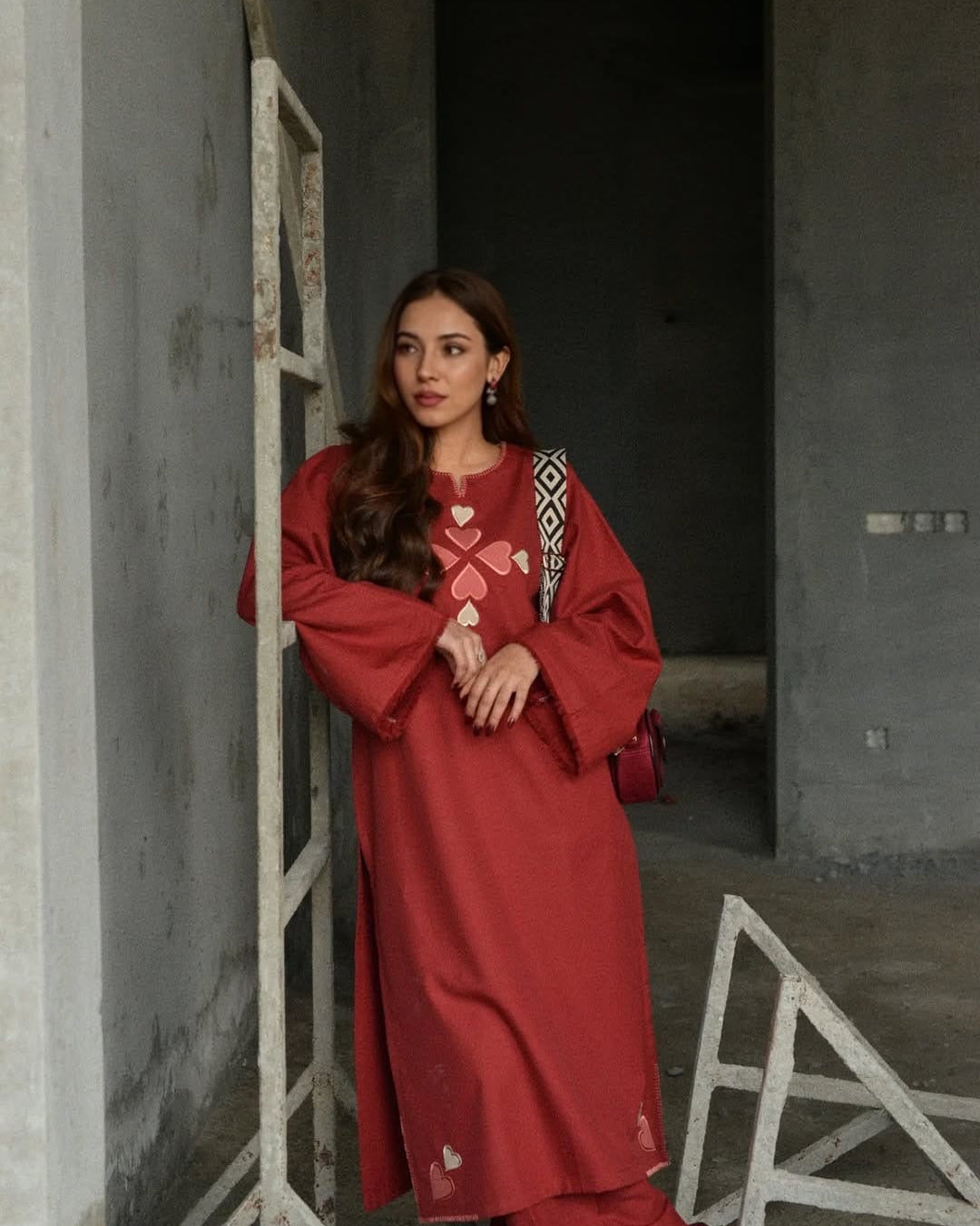 Rust Red Embroidered Cotton Kurti Pant Set 