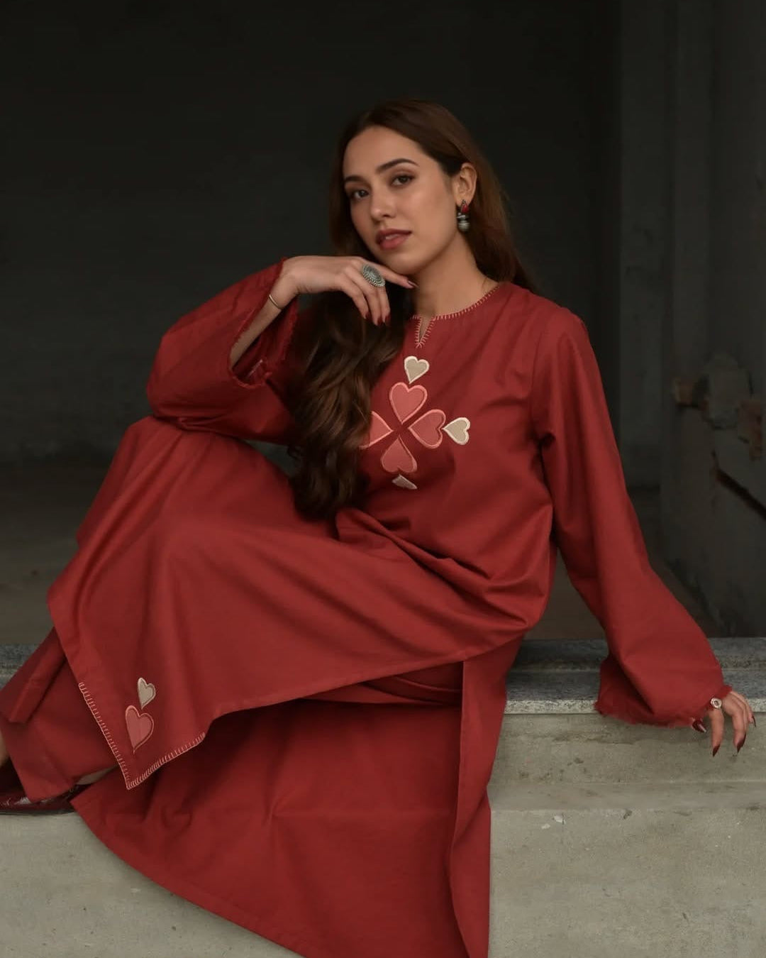 Rust Red Embroidered Cotton Kurti Pant Set 