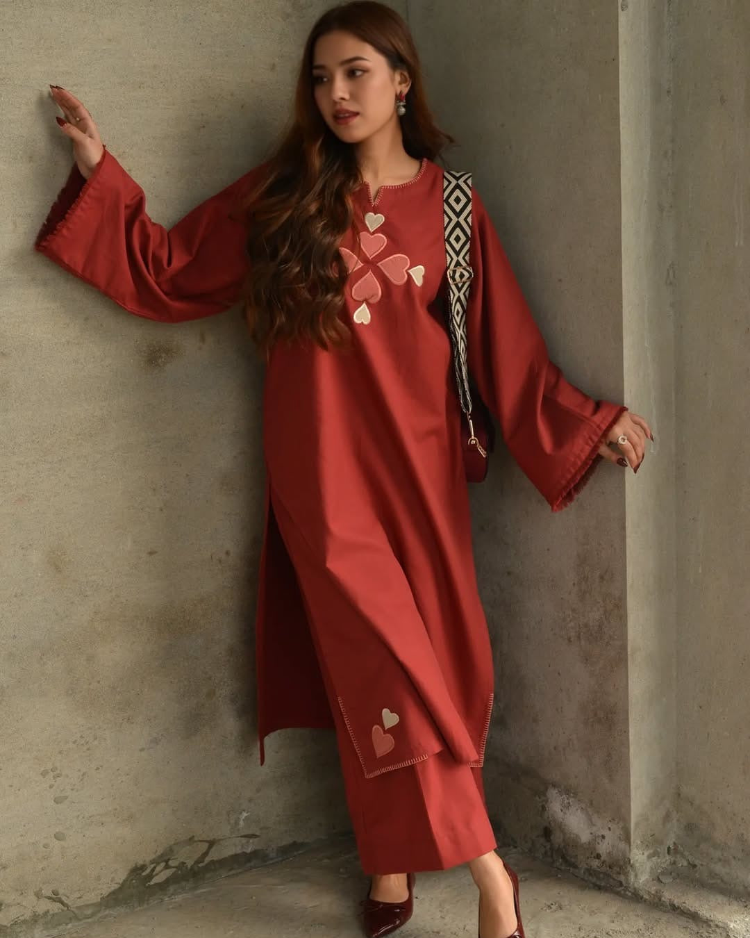 Rust Red Embroidered Cotton Kurti Pant Set 