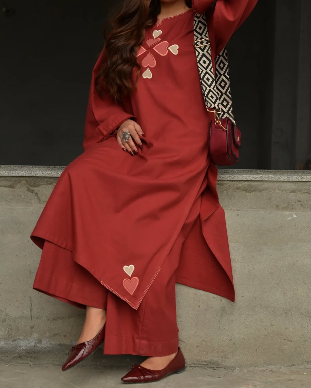 Rust Red Embroidered Cotton Kurti Pant Set 