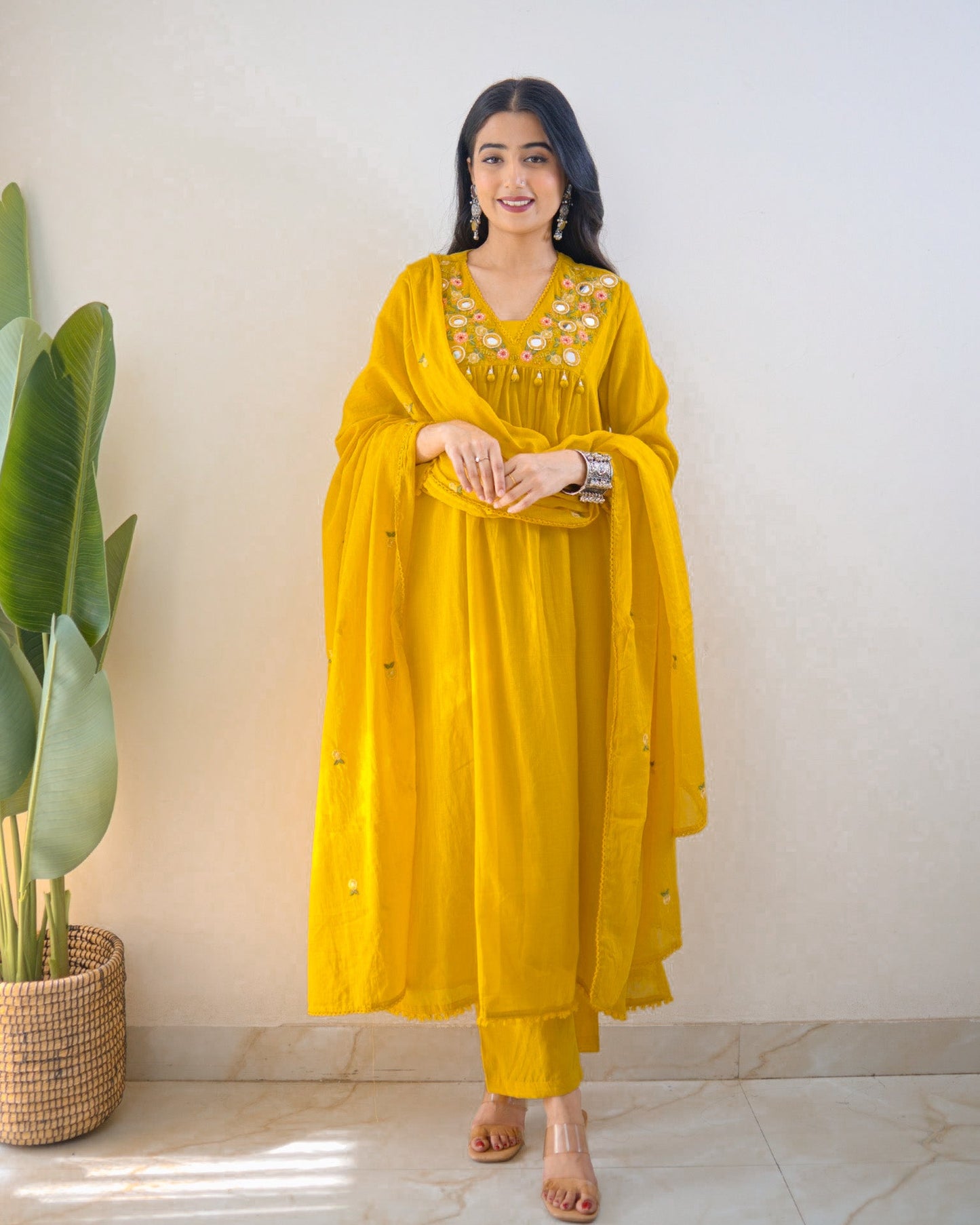 Samya Mustard Yellow Pure Cotton Embroidered Anarkali Kurta Pant Dupatta Set for Women | Festive Cotton Suit Set