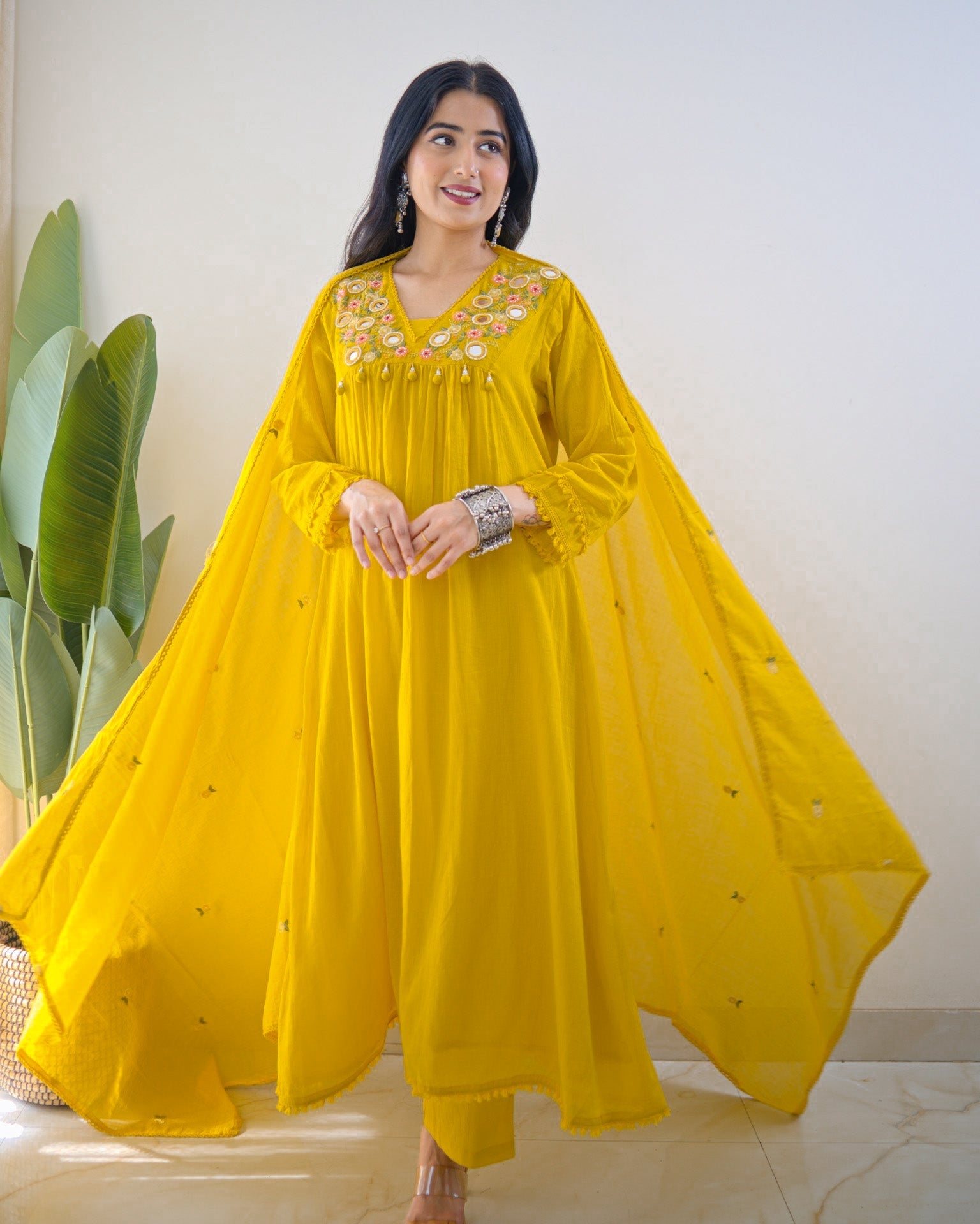 Samya Mustard Yellow Pure Cotton Embroidered Anarkali Kurta Pant Dupatta Set for Women | Festive Cotton Suit Set