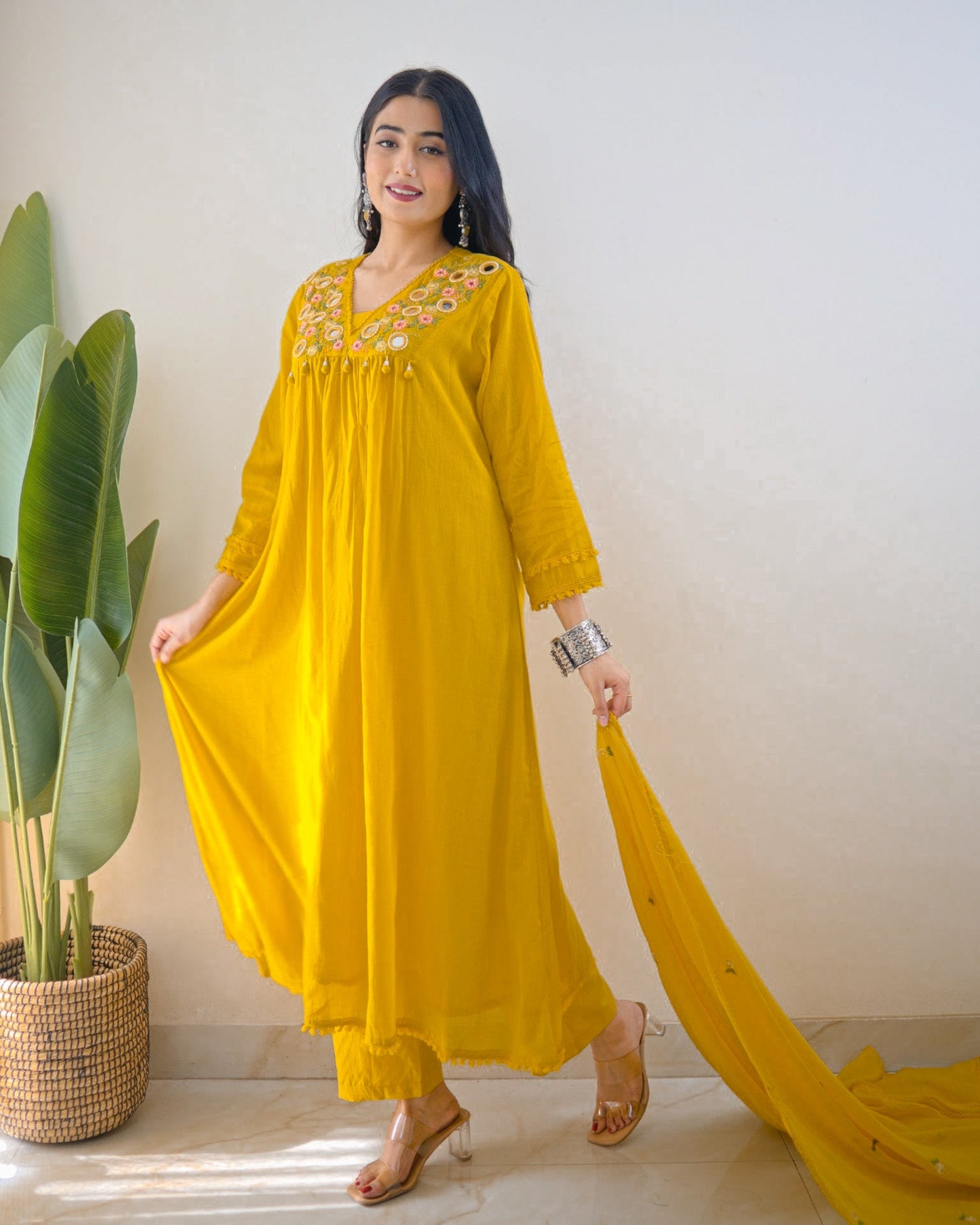 Samya Mustard Yellow Pure Cotton Embroidered Anarkali Kurta Pant Dupatta Set for Women | Festive Cotton Suit Set
