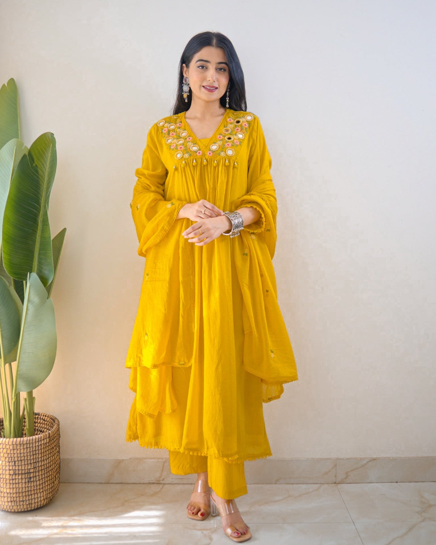 Samya Mustard Yellow Pure Cotton Embroidered Anarkali Kurta Pant Dupatta Set for Women | Festive Cotton Suit Set