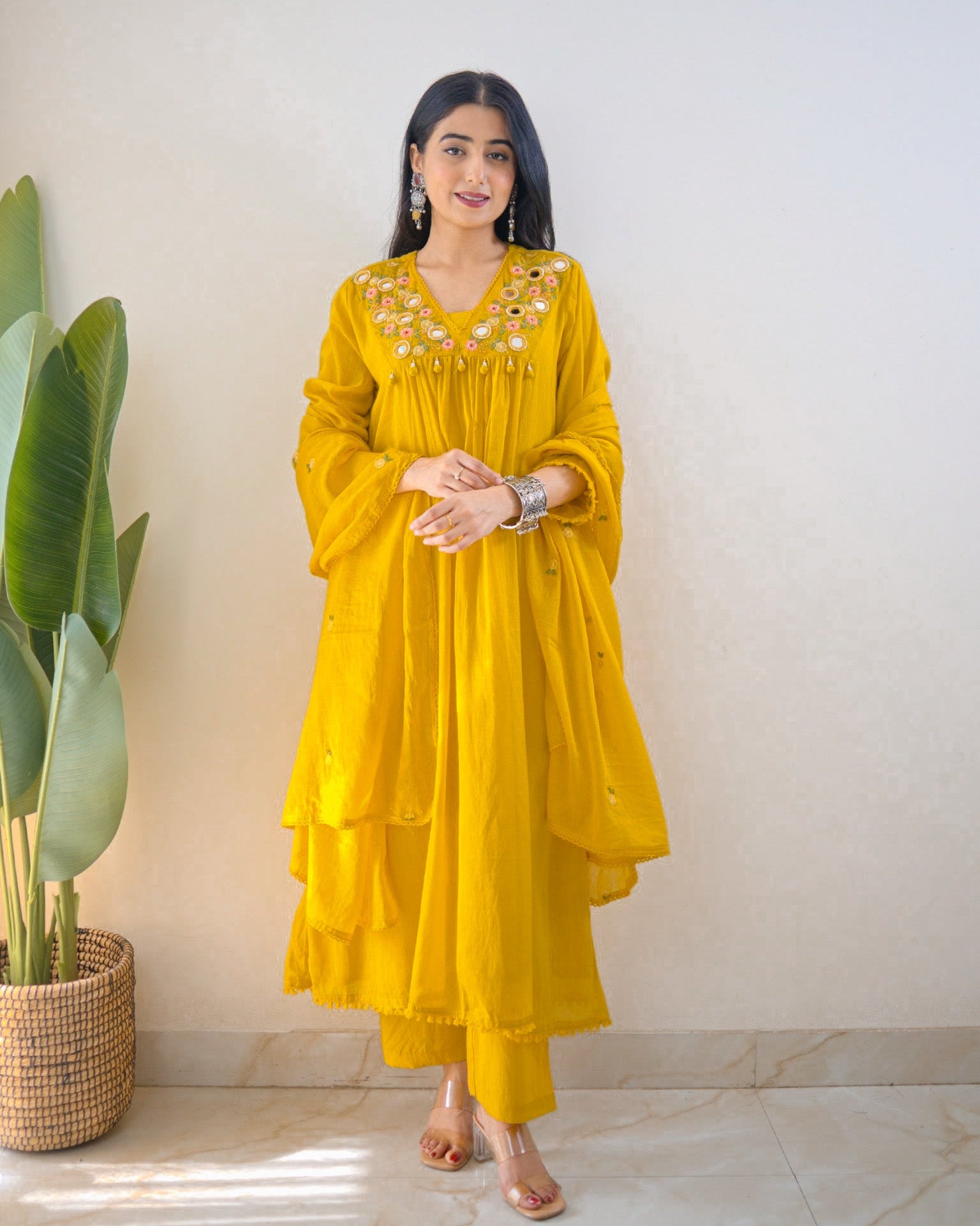Samya Mustard Yellow Pure Cotton Embroidered Anarkali Kurta Pant Dupatta Set for Women | Festive Cotton Suit Set