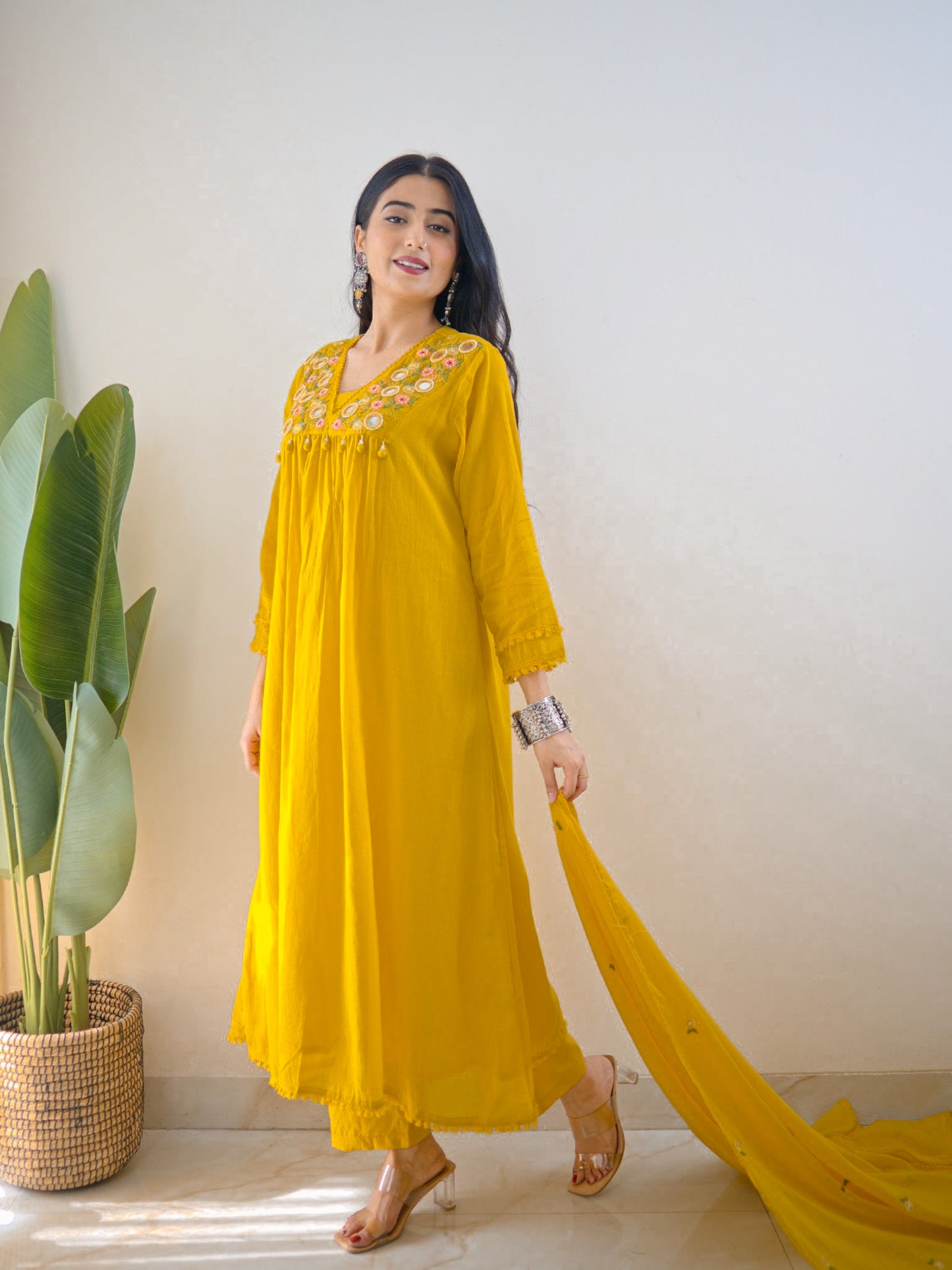 Samya Mustard Yellow Pure Cotton Embroidered Anarkali Kurta Pant Dupatta Set for Women | Festive Cotton Suit Set