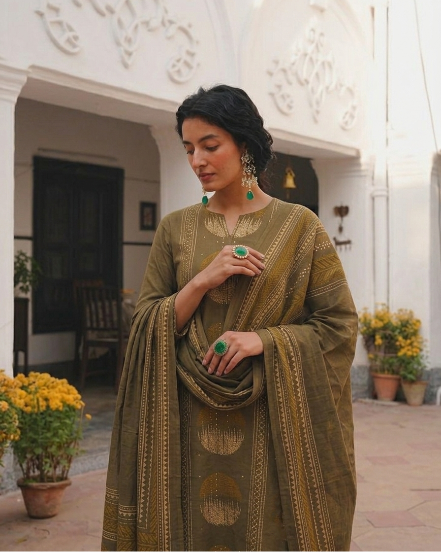 Shikha Brown Pure Cotton Printed Kurta Pant Dupatta Set for Women | Handwork Cotton Ethnic Suit Set