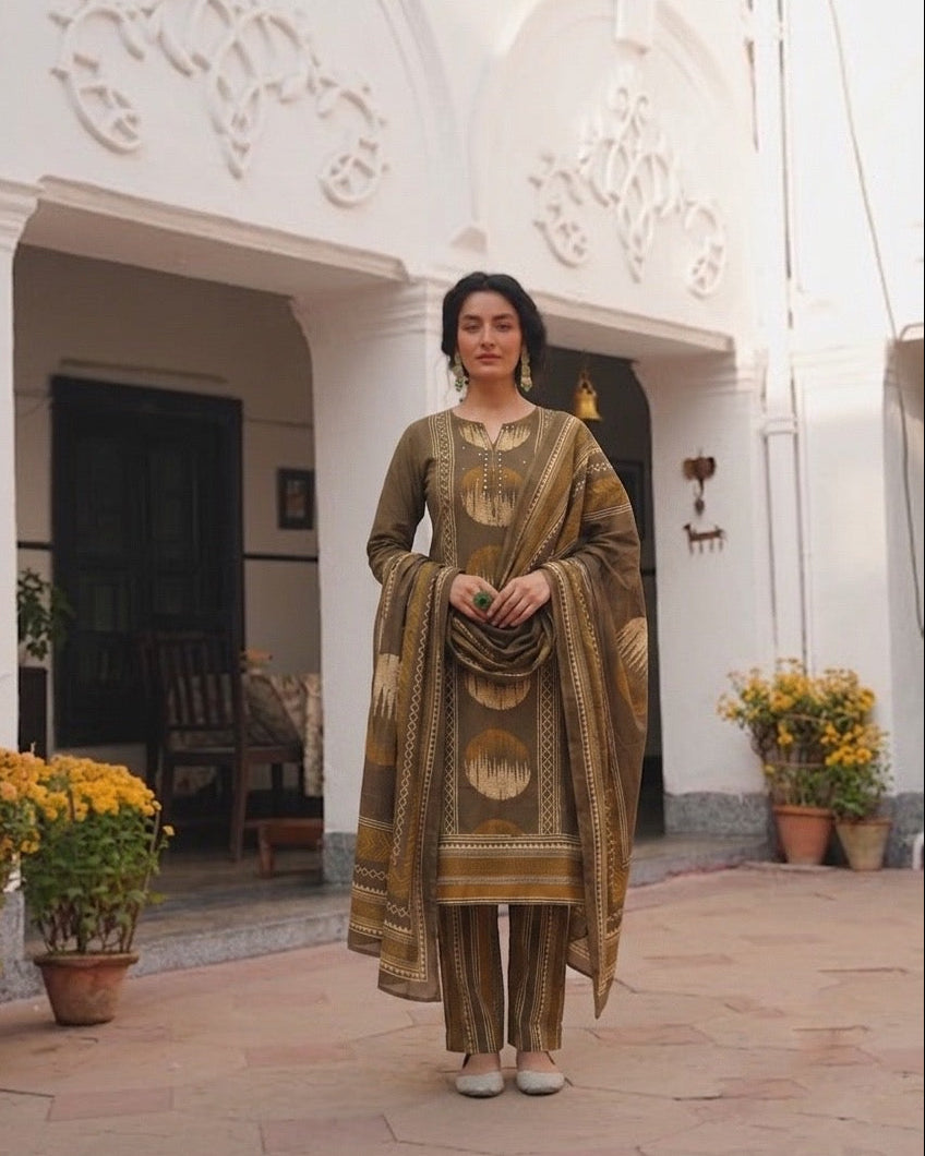 Shikha Brown Pure Cotton Printed Kurta Pant Dupatta Set for Women | Handwork Cotton Ethnic Suit Set