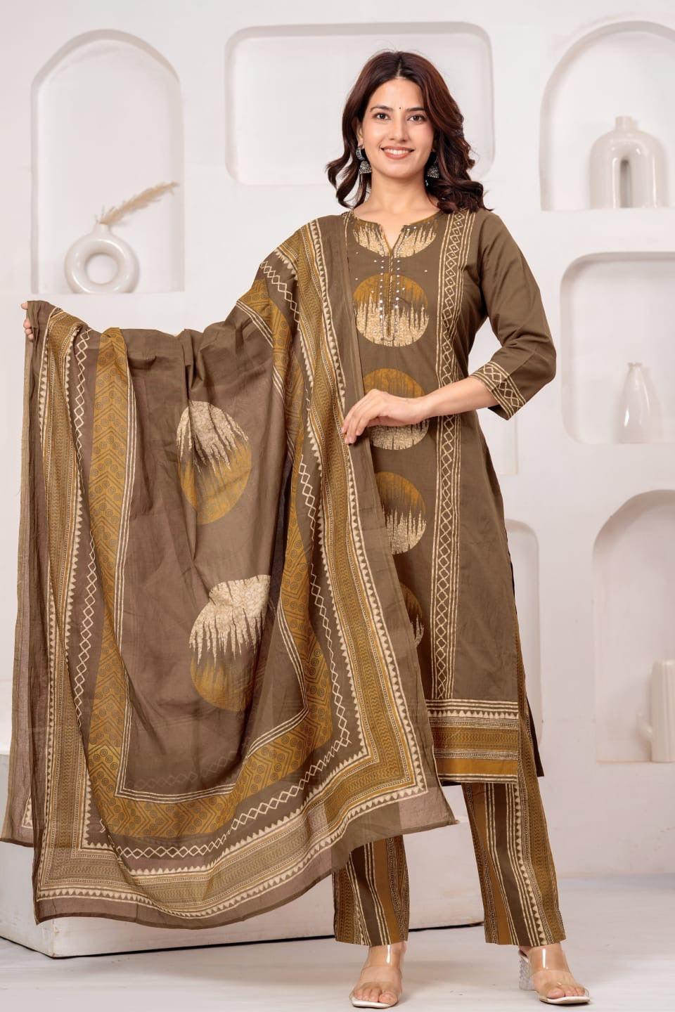 Shikha Brown Pure Cotton Printed Kurta Pant Dupatta Set for Women | Handwork Cotton Ethnic Suit Set