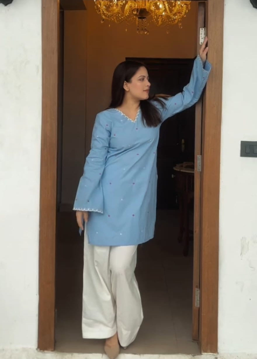 Sky Blue Hand Adda Work Kurta with White Farshi Pant Set 