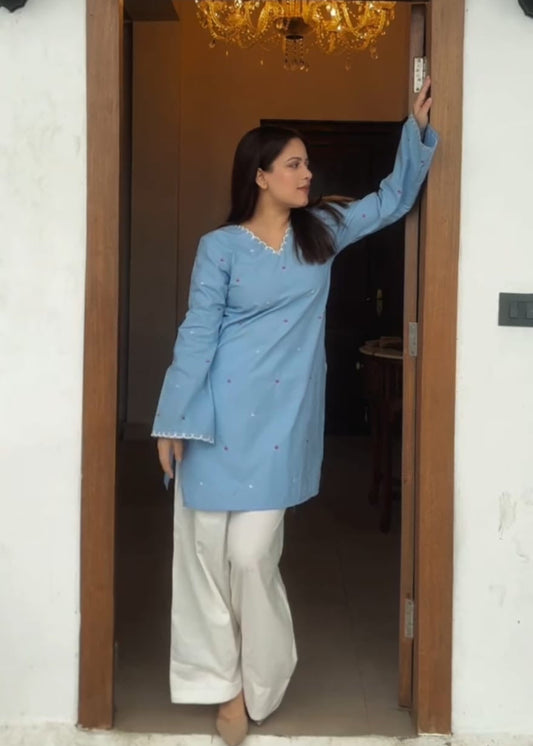 Sky Blue Hand Adda Work Kurta with White Farshi Pant Set 