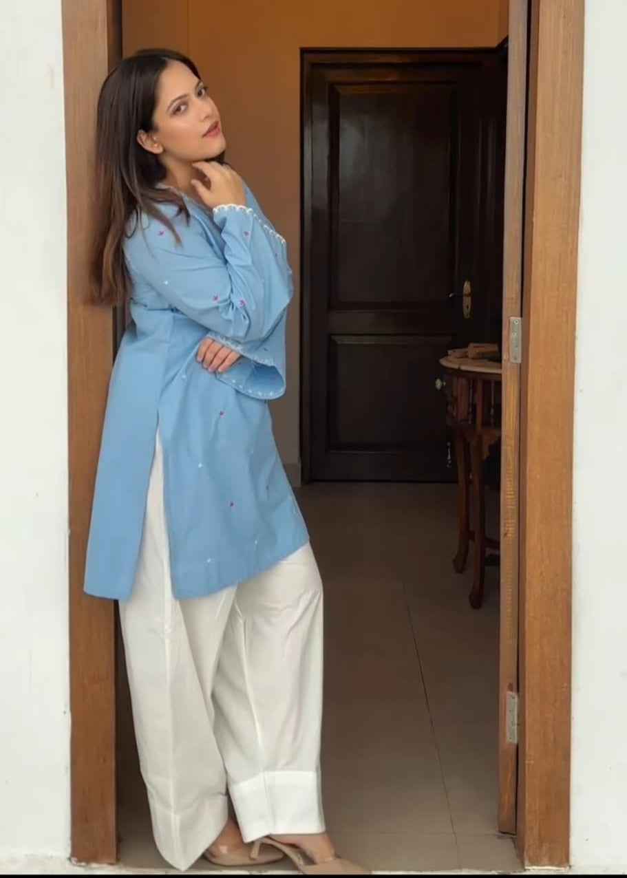 Sky Blue Hand Adda Work Kurta with White Farshi Pant Set 
