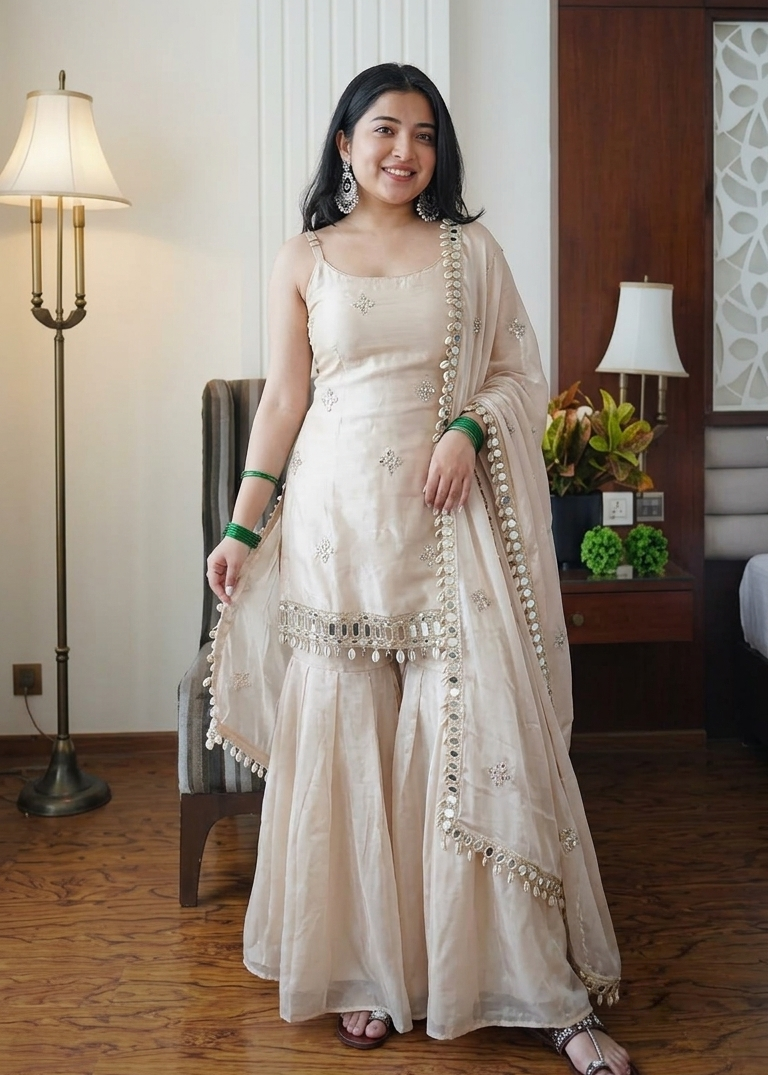 Trending Ivory Embroidered Palazzo Suit Set with Dupatta |