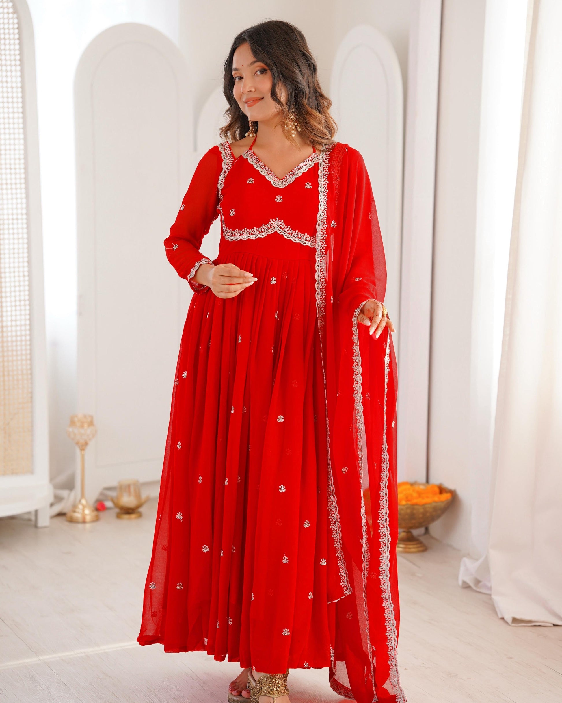 Viral Apsara red suit set front view
Premium red slit anarkali dress
Red embroidered suit set online India
Red suit set fashion trend 2025
Sai’li viral outfit red anarkali
