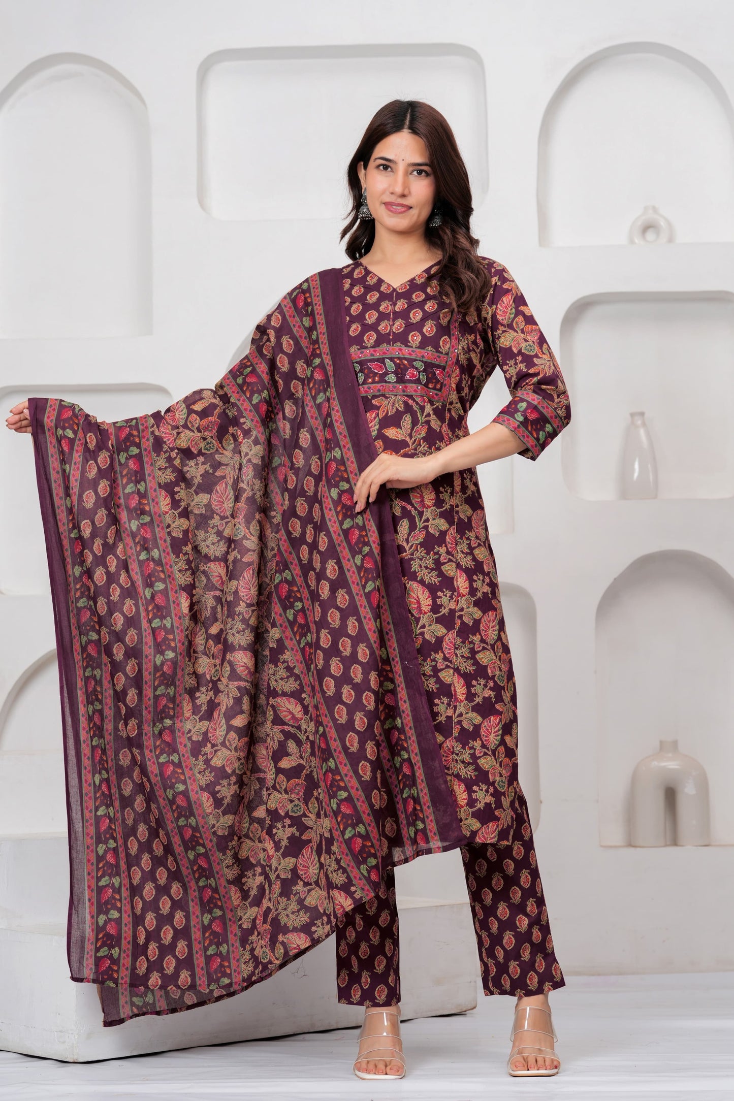 Wine Jaipuri Printed Cotton Kurta Pant Set with Dupatta