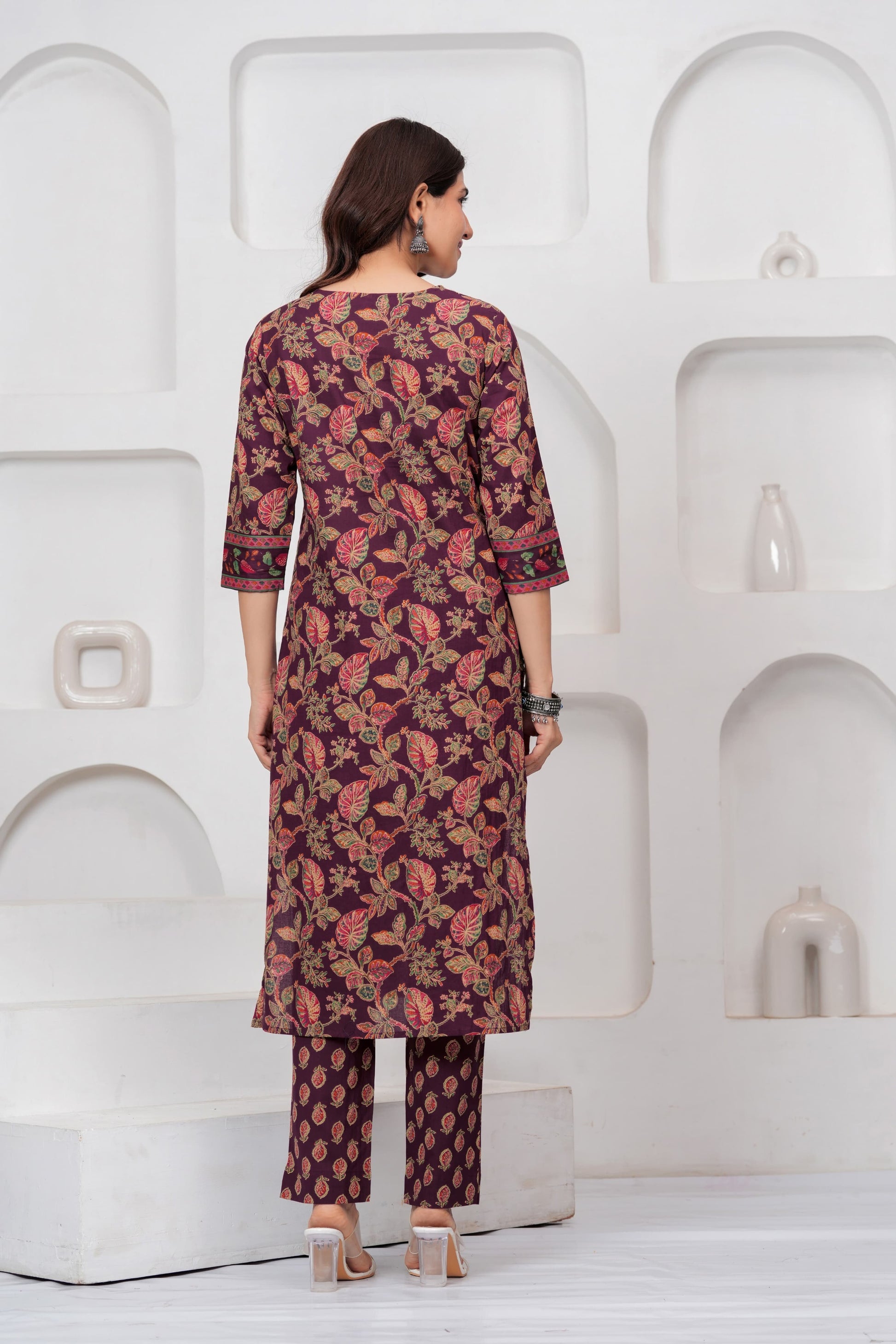 Wine Jaipuri Printed Cotton Kurta Pant Set with Dupatta