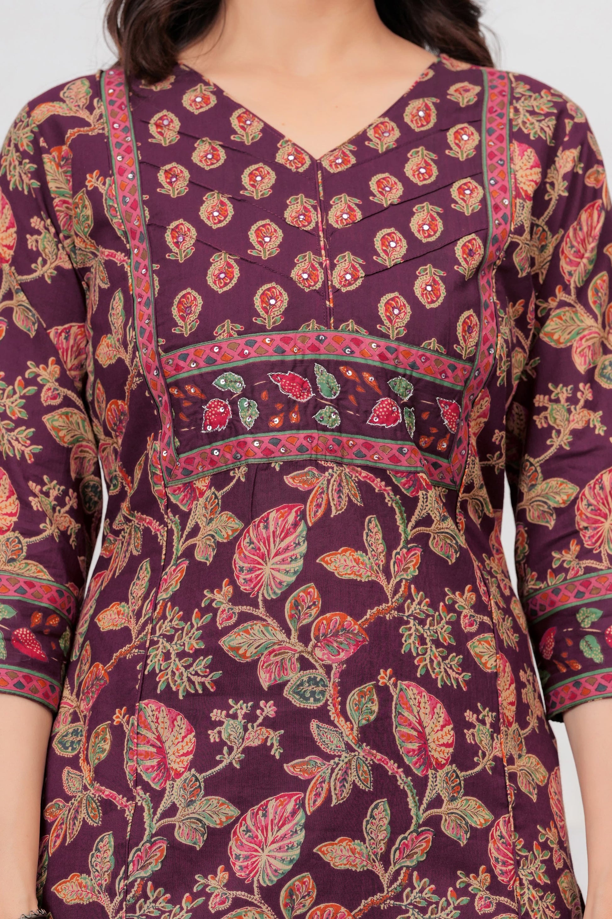 Wine Jaipuri Printed Cotton Kurta Pant Set with Dupatta