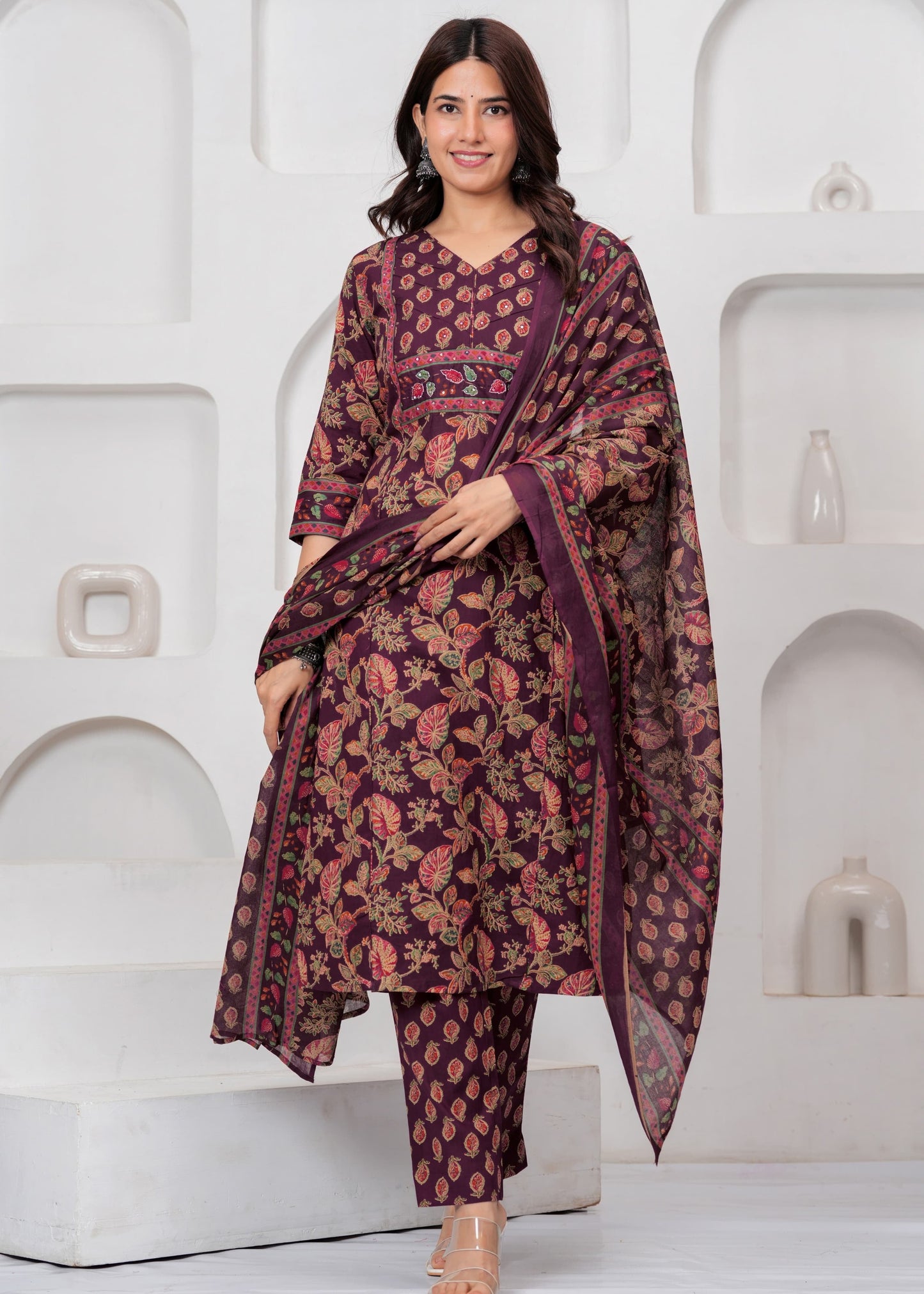 Wine Jaipuri Printed Cotton Kurta Pant Set with Dupatta