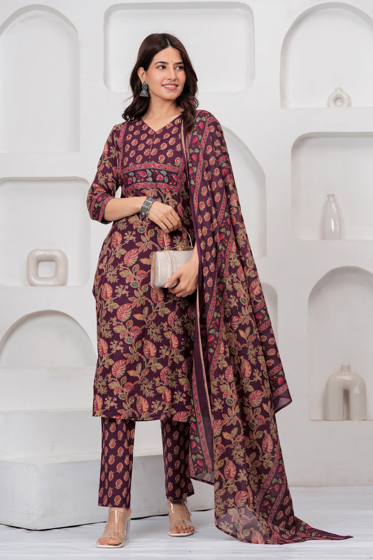 Wine Jaipuri Printed Cotton Kurta Pant Set with Dupatta