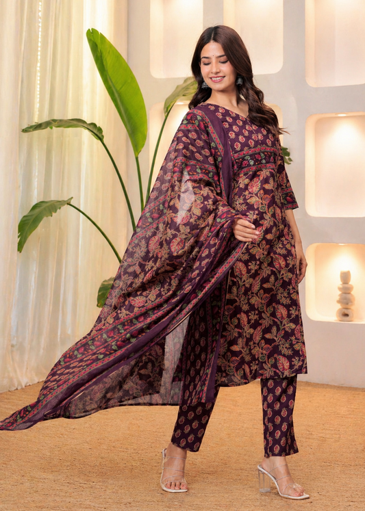 Wine Jaipuri Printed Cotton Kurta Pant Set with Dupatta
