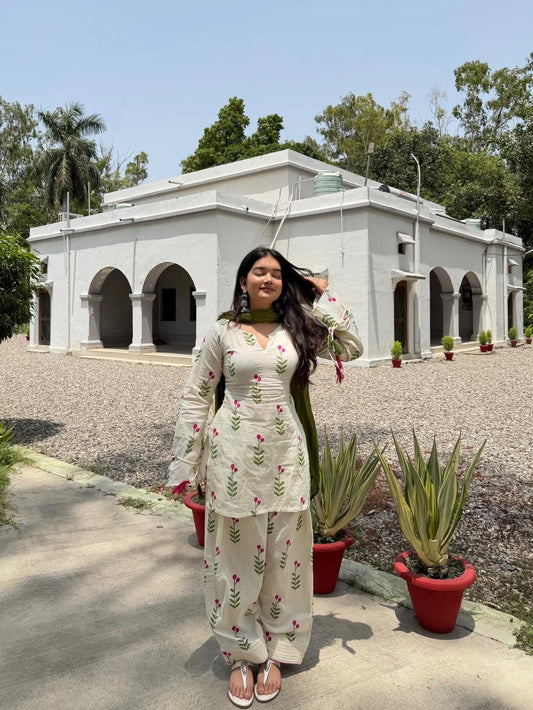 Women’s White Floral Printed Cotton Farshi Salwar Suit Set with Dupatta 