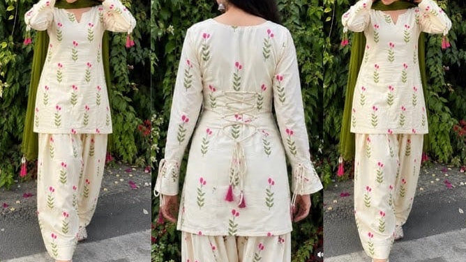 Women’s White Floral Printed Cotton Farshi Salwar Suit Set with Dupatta 