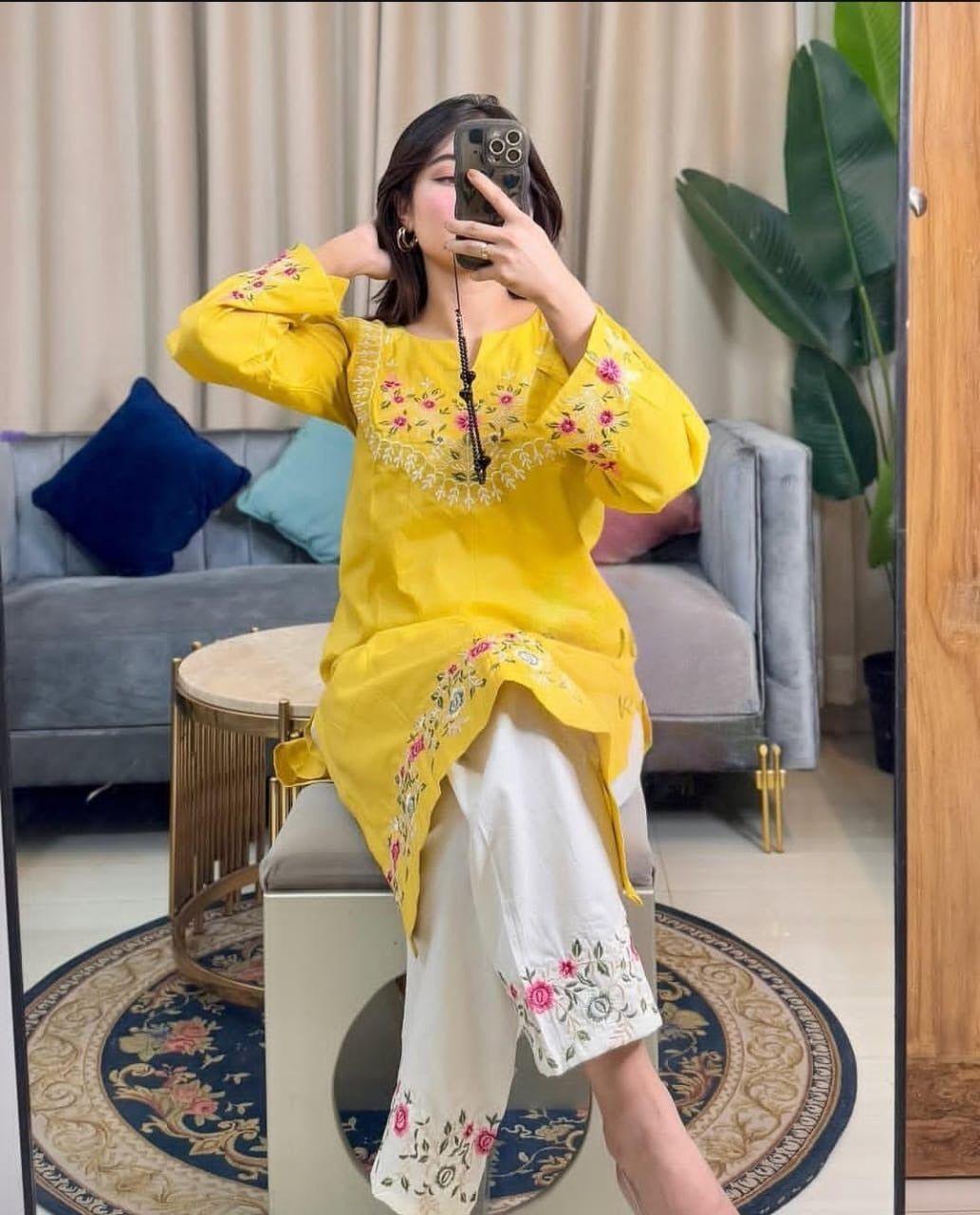 Yellow Pure Cotton Embroidered Kurti Pant Set for Women