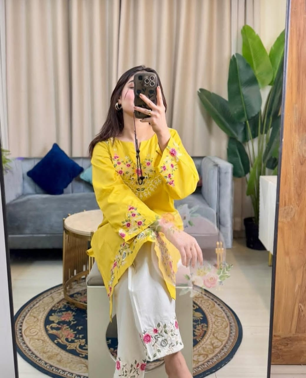 Yellow Pure Cotton Embroidered Kurti Pant Set for Women