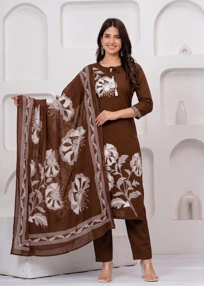 Zoya Brown Embroidered Cotton Kurta Pant Set with Printed Dupatta for Women
