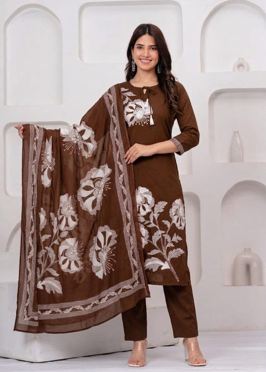 Zoya Brown Embroidered Cotton Kurta Pant Set with Printed Dupatta for Women