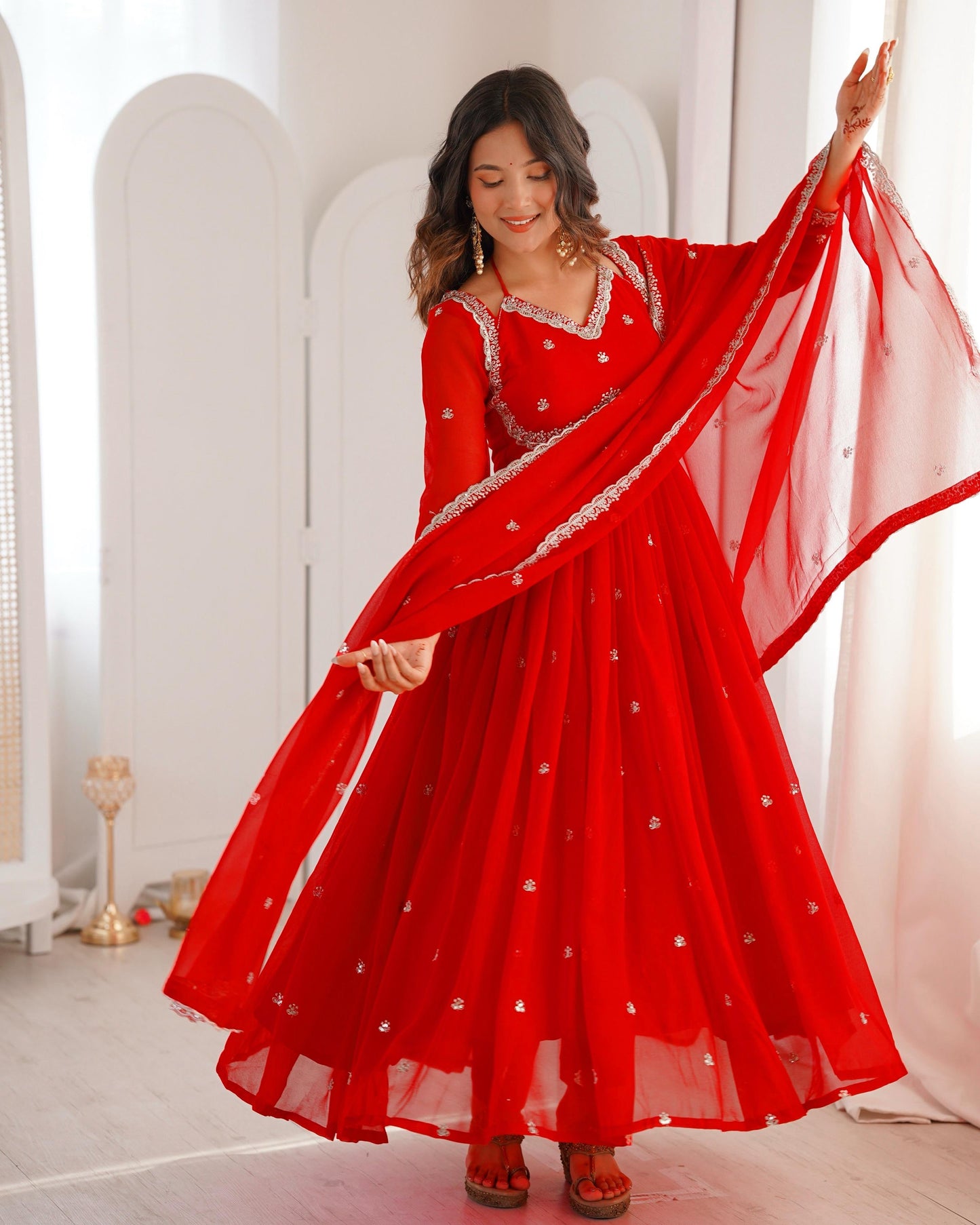 Viral Apsara red suit set front view
Premium red slit anarkali dress
Red embroidered suit set online India
Red suit set fashion trend 2025
Sai’li viral outfit red anarkali
