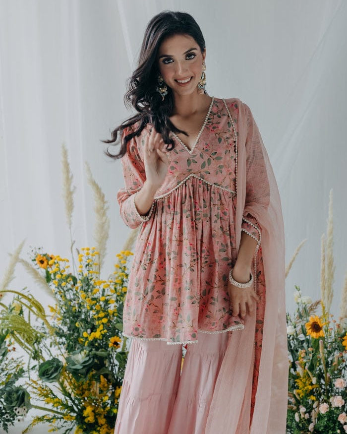 Fiza Floret Sharara Set With Kota Doria Dupatta