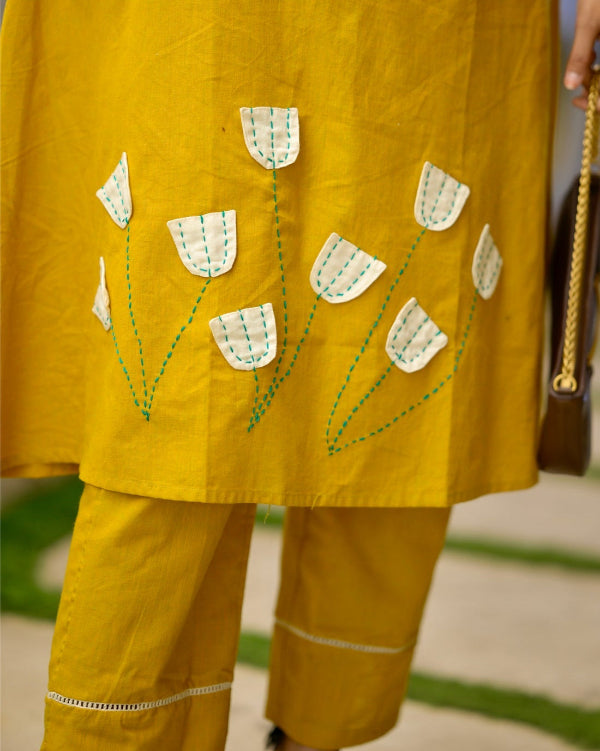 musterd yellow pure cotton dress tulip handwork.