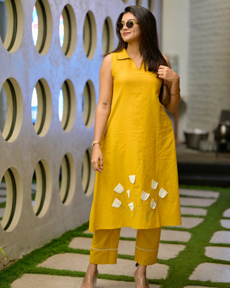 musterd yellow pure cotton dress tulip handwork.
