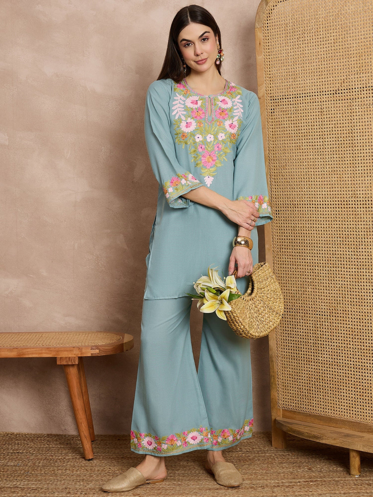 sage green embroidered cotton co-ord set with kurti and palazzo for women