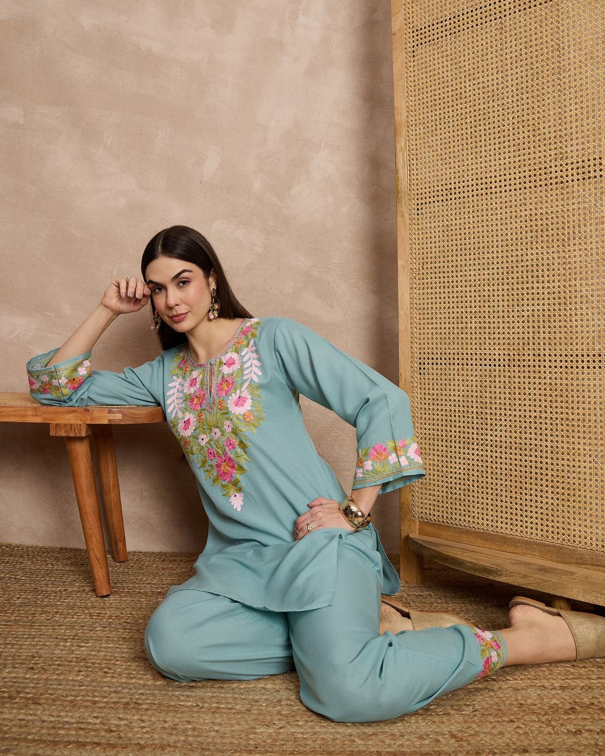 sage green embroidered cotton co-ord set with kurti and palazzo for women