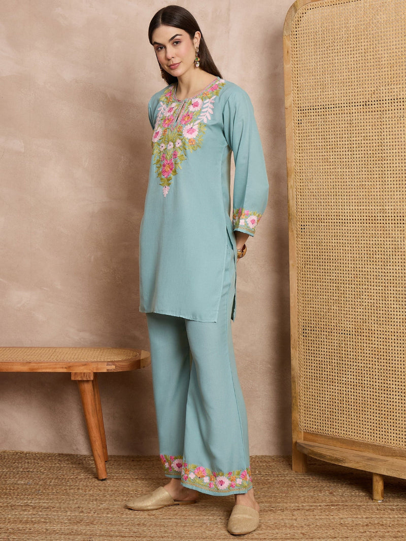 sage green embroidered cotton co-ord set with kurti and palazzo for women