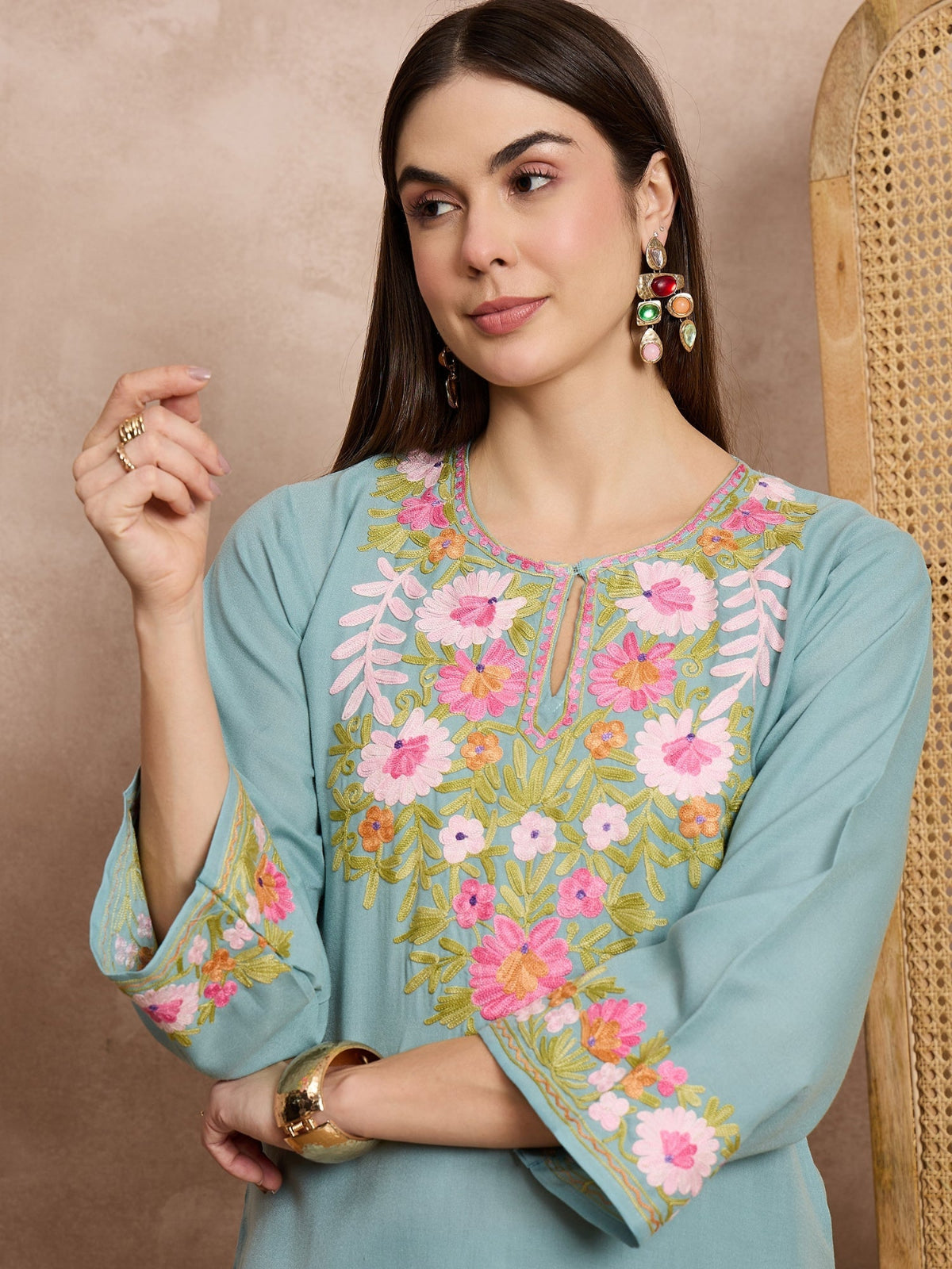 sage green embroidered cotton co-ord set with kurti and palazzo for women