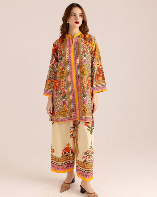 Woman wearing a colorful embroidered outfit on a beige background